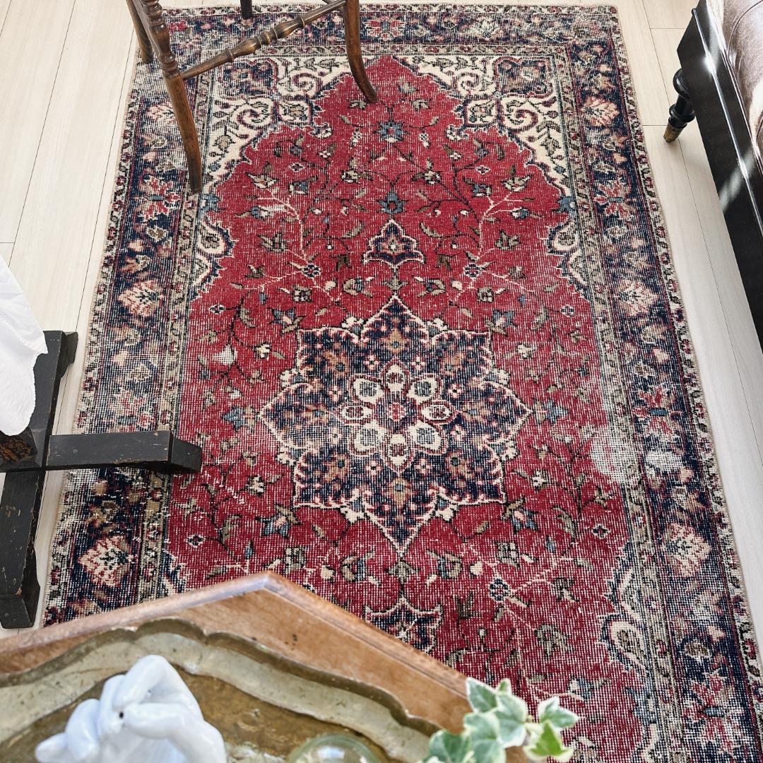 トルコ ヴィンテージラグ A126 ダークレッド ネイビー ターコイズブルー