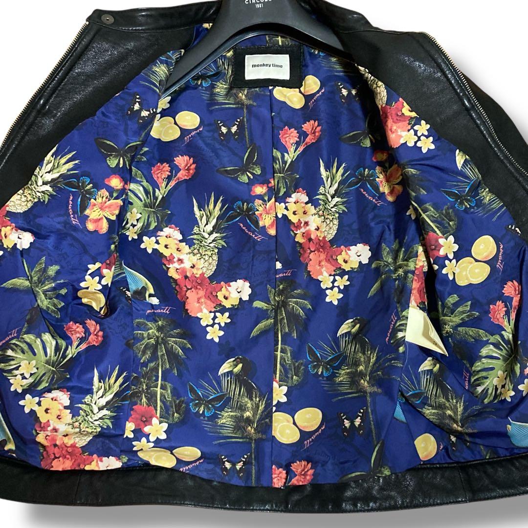 monkey time ブラックレザー シングルライダース L 花柄 やぎ革