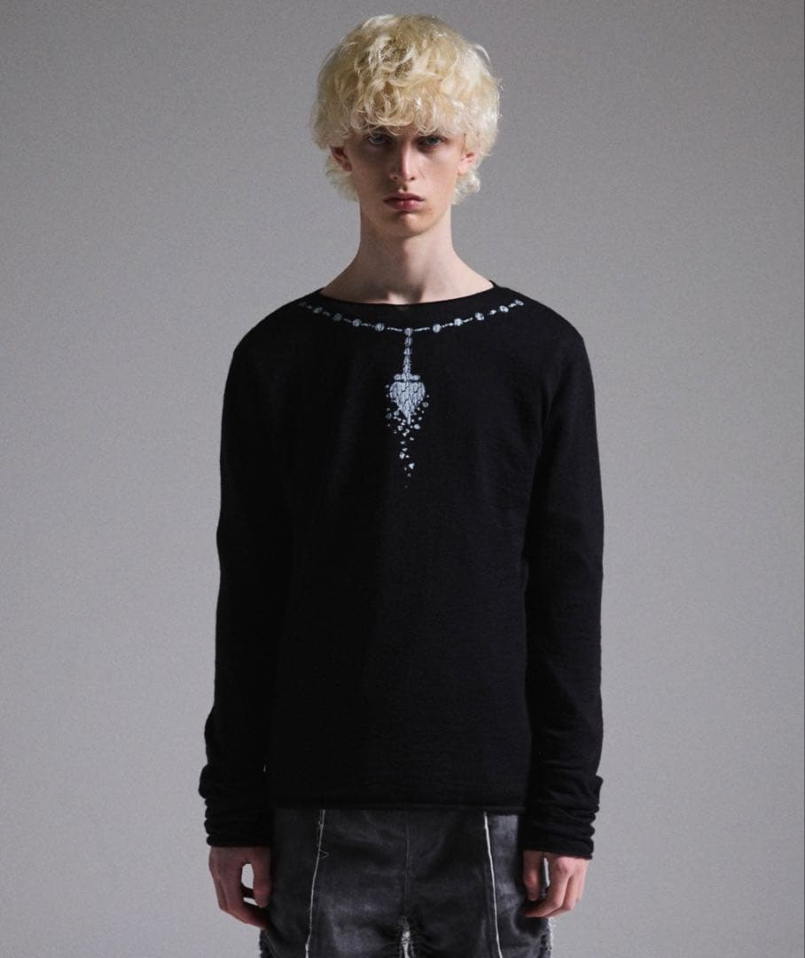 【GRANCY】プリントデザインシアーニット ブラックLサイズ