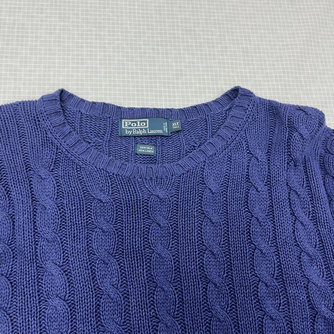 【極上シルクリネン】ポロラルフローレン ケーブルニット 紫紺 XLT 身幅76