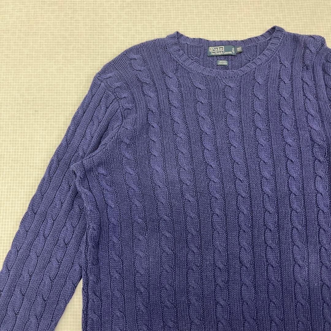 【極上シルクリネン】ポロラルフローレン ケーブルニット 紫紺 XLT 身幅76