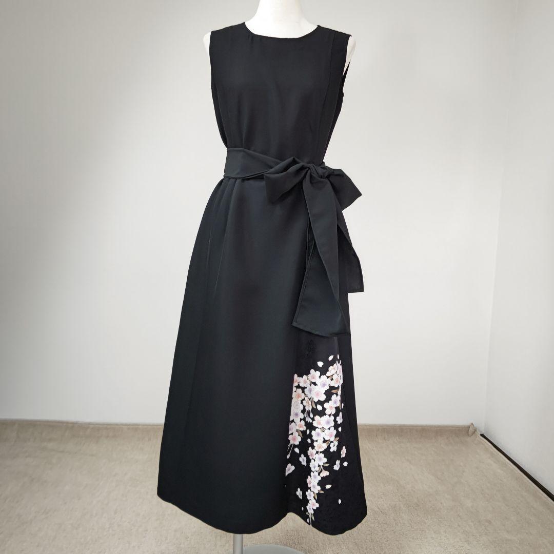 zunezune 着物リメイクワンピース ノースリーブ ボレロ長袖付 黒×桜