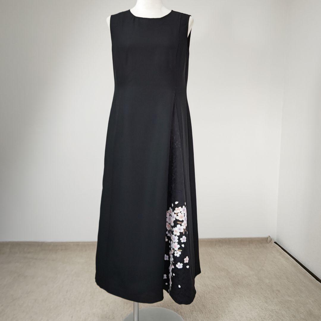 zunezune 着物リメイクワンピース ノースリーブ ボレロ長袖付 黒×桜