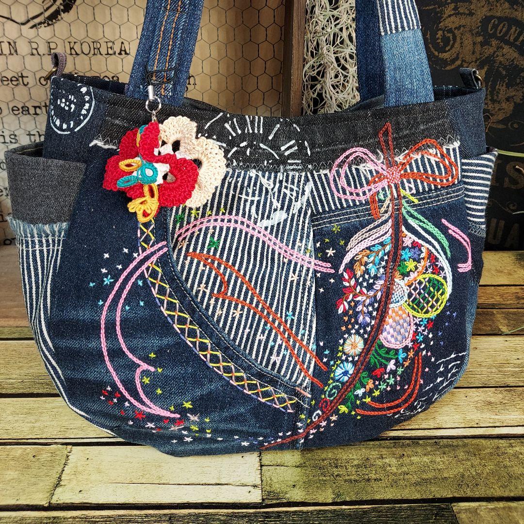 【MINMI】刺繍デニムバック　No.672　ショルダーベルト