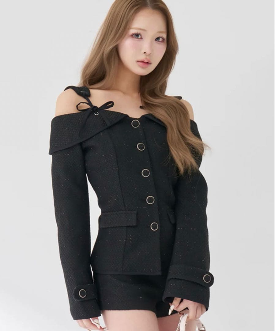 ボンディングツイードオフショルチュニック M BLK