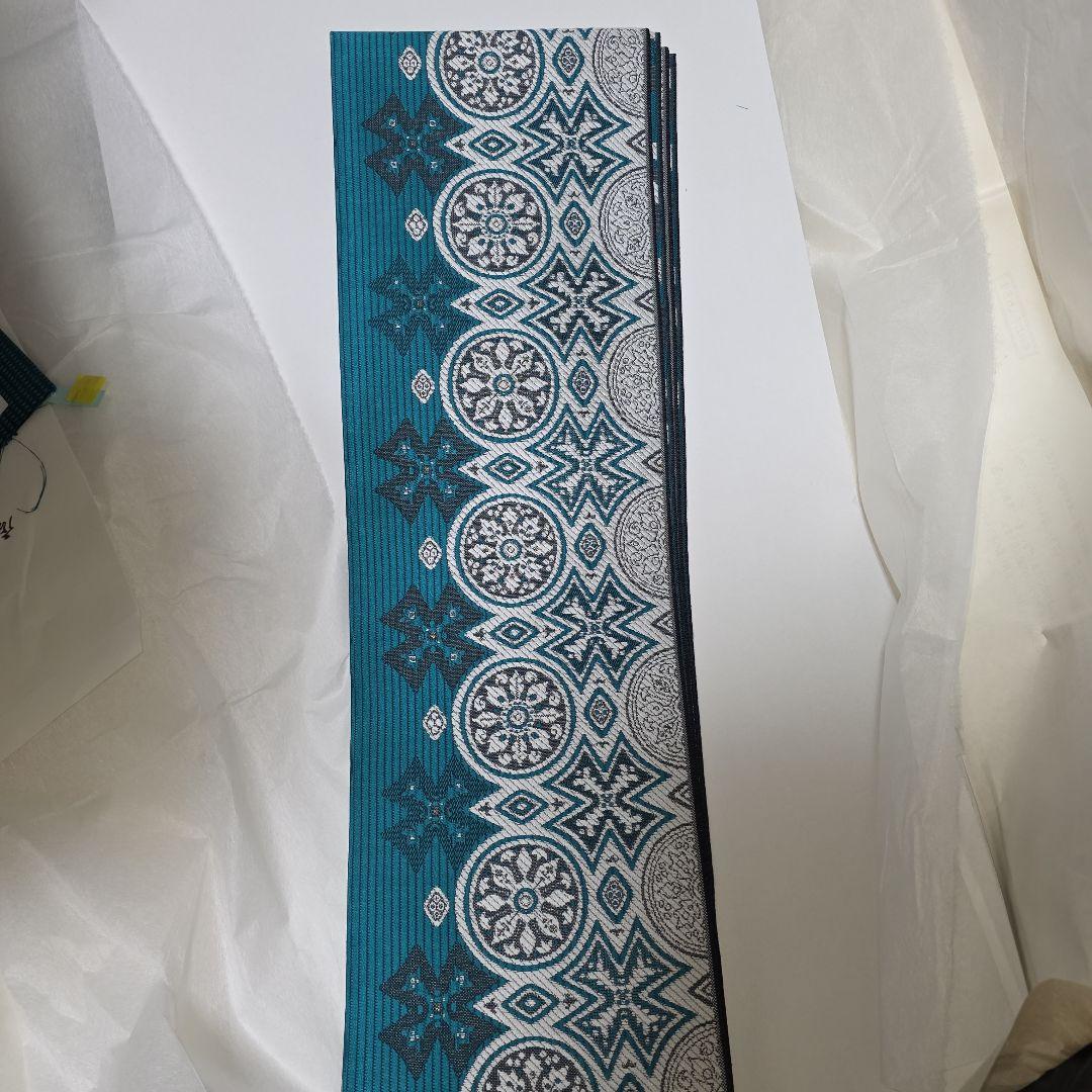 博多織 帯 ターコイズグリーン×白