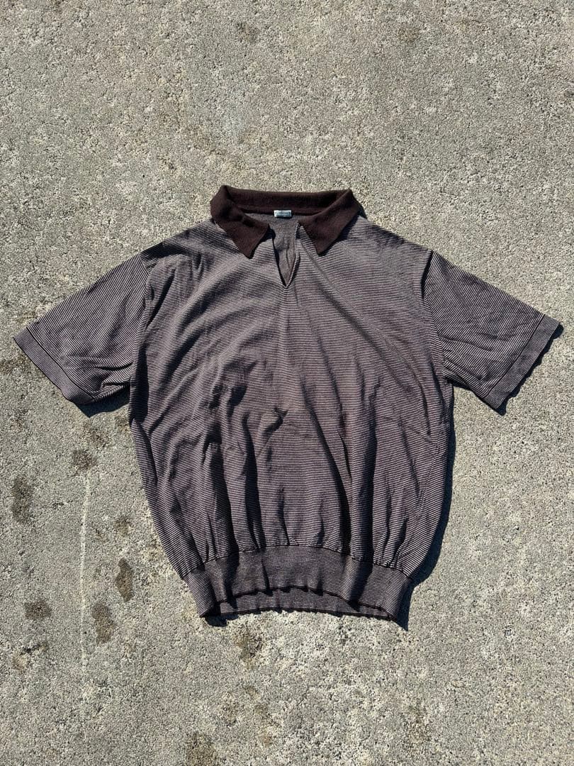A PRESSE ブラウン ストライプ ポロシャツ 半袖