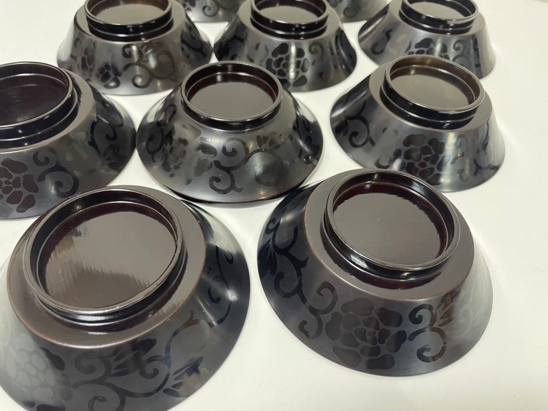 黒漆器 黒漆 内黒塗 漆器 吸物 懐石椀 煮物椀 10客 唐草柄 アンティーク