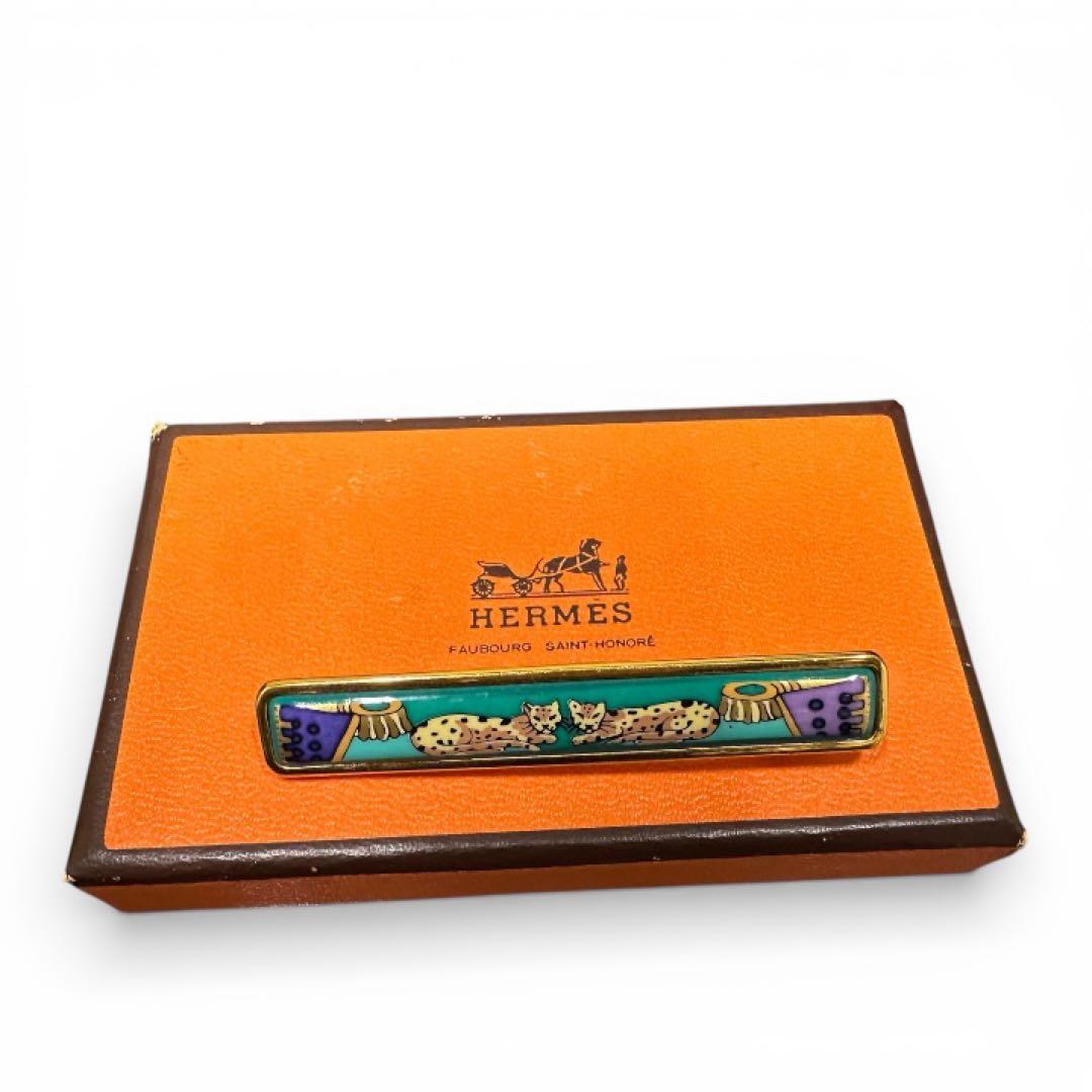 HERMES エマイユ七宝焼き　豹レオパードブローチ