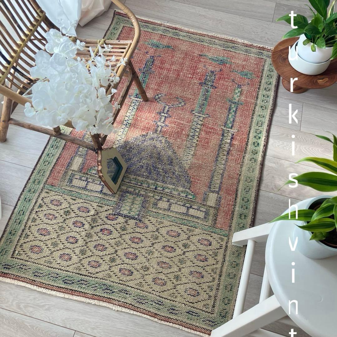 レッド✳︎グリーン　アート塔　パープル　リバーシブル　トルコヴィンテージラグ