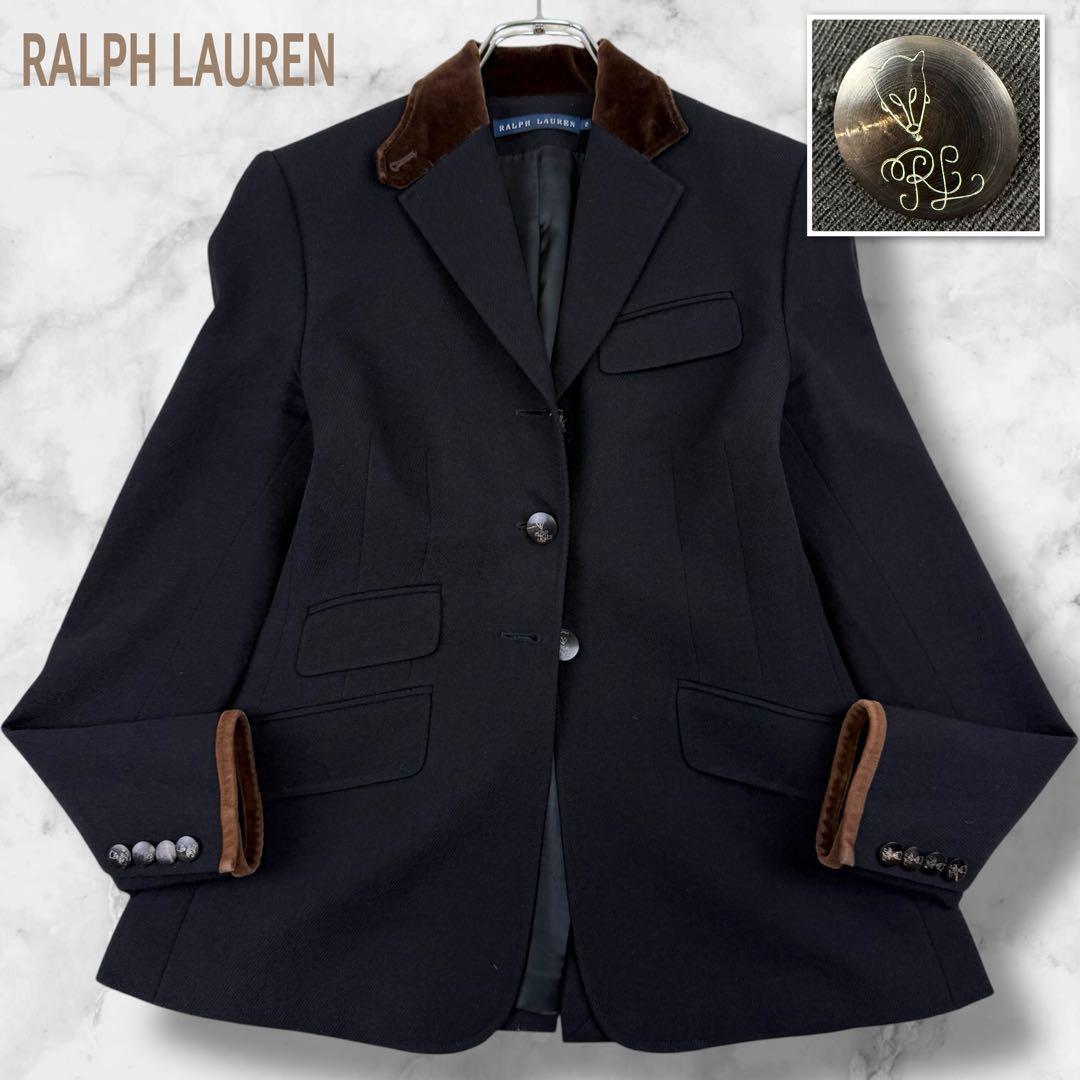 ラルフローレン テーラードジャケット ウール ゴートレザー キツネボタン 黒 S