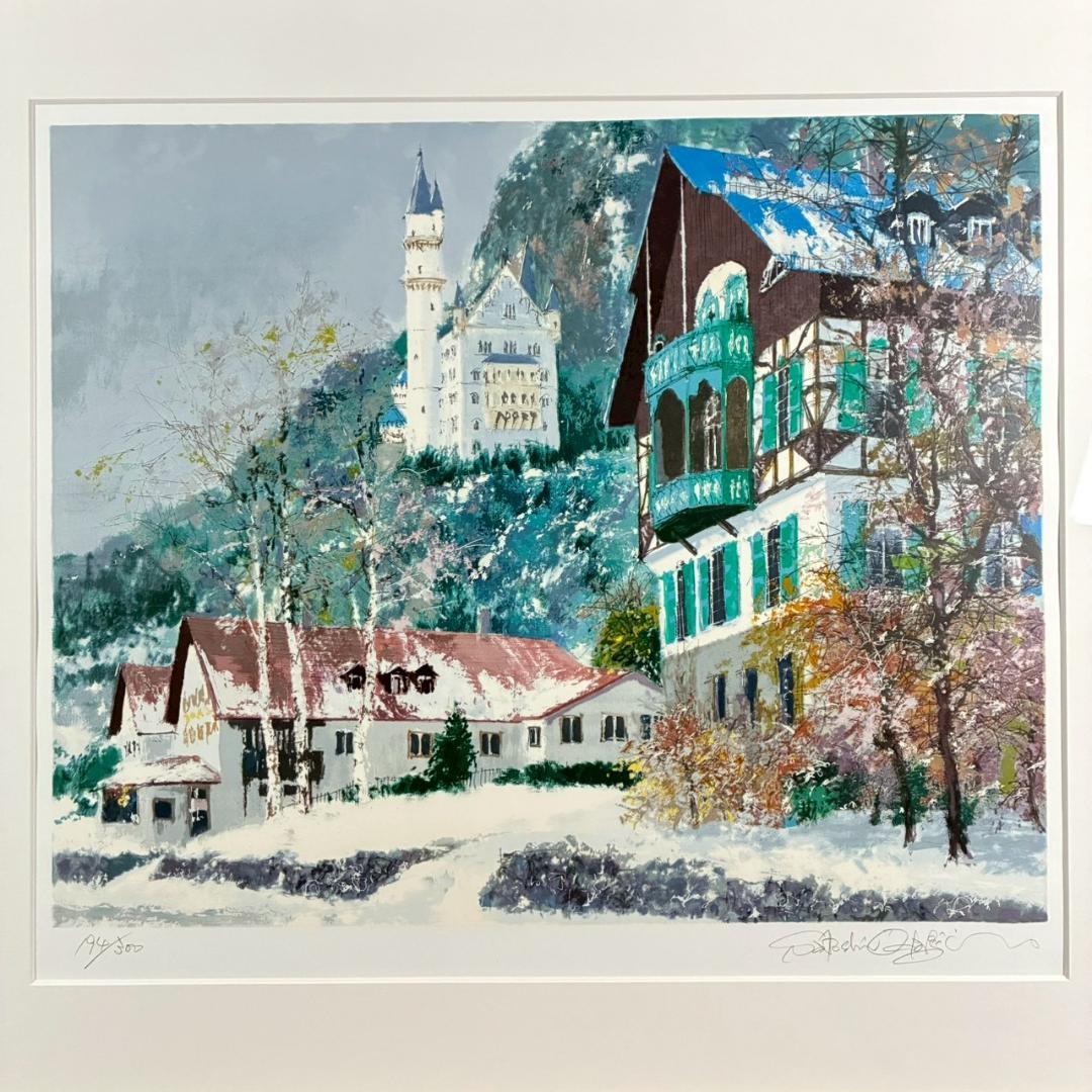 美品 小田切訓「雪のノイシュバンシュタイン城」シルクスクリーン 直筆サイン入り