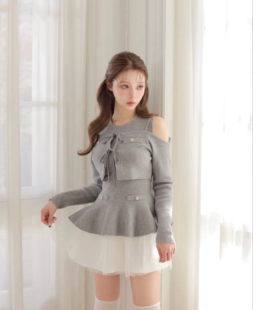 スカート M me eme ribbon peplum tulle knit setup