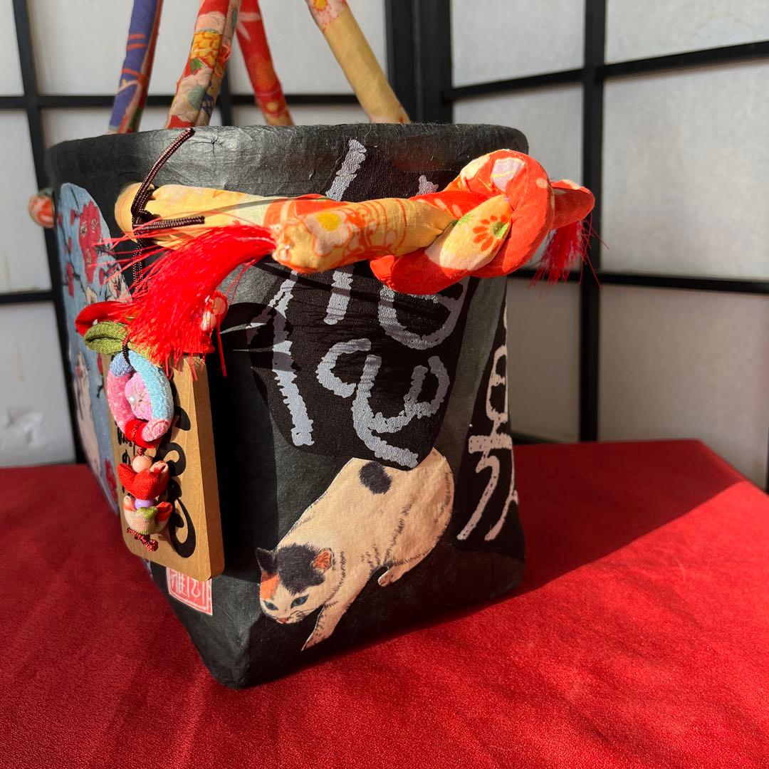 梅と猫 一閑張り バッグ かごバッグ ハンドバッグ 和猫 浮世絵 和柄 市場かご