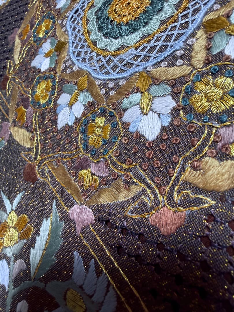 高級 袋帯 正絹 六通柄 汕頭刺繍 蘇州刺繍 相良刺繍 金通し ブラウン