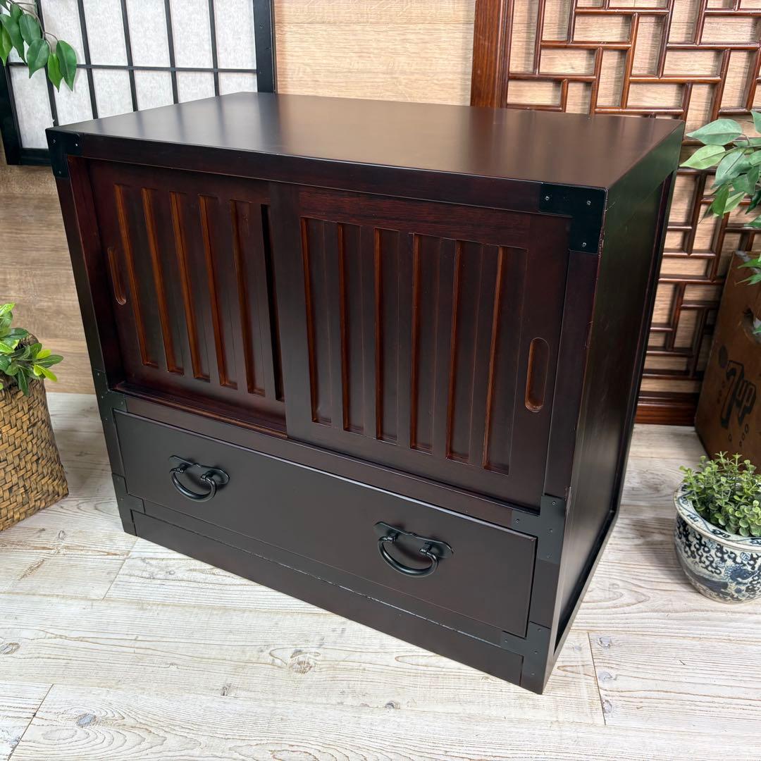 訳あり品！【135】民芸家具木製桐材無垢引き戸チェストタンス木製収納家具和室和風