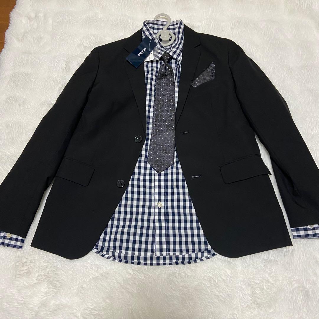 COMME CA ISM 黒スーツ 160A ネクタイ　ポケットチーフ　卒業式