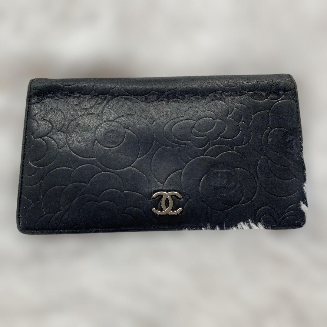 CHANEL ブラック 長財布 フラワーエンボス