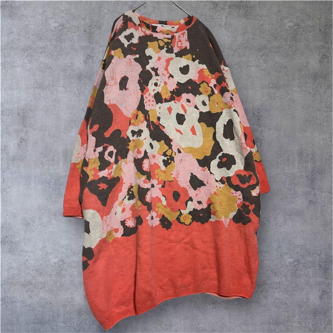 45R カモフラ 花柄 総柄 ニット チュニック丈 ワンピース ウール