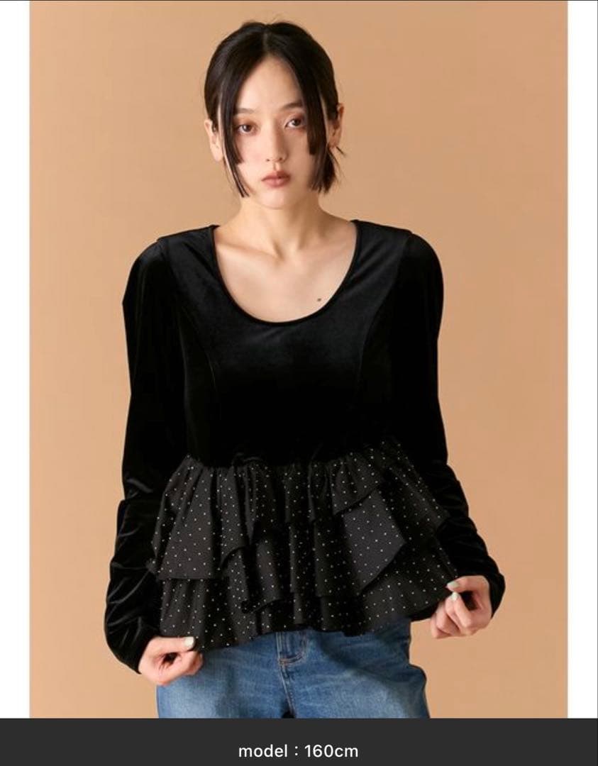 リリーブラウン ベロアペプラムフリルトップス グレー