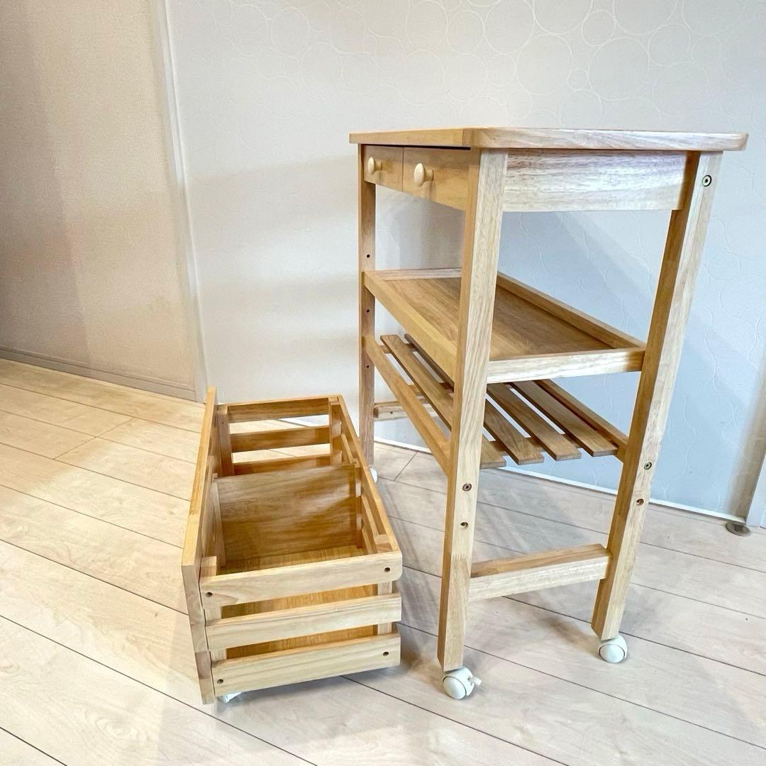 【美品】 タイル天板 木製キッチンワゴン キャスター付 北欧 収納棚 カントリー