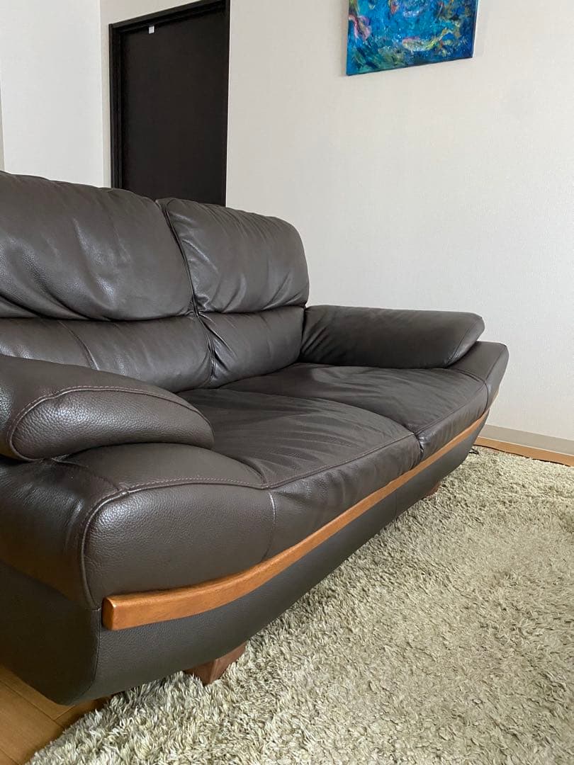 ソファ　日本製　牛革　革　シボ加工　ソファー　革ソファ　茶色　送料込