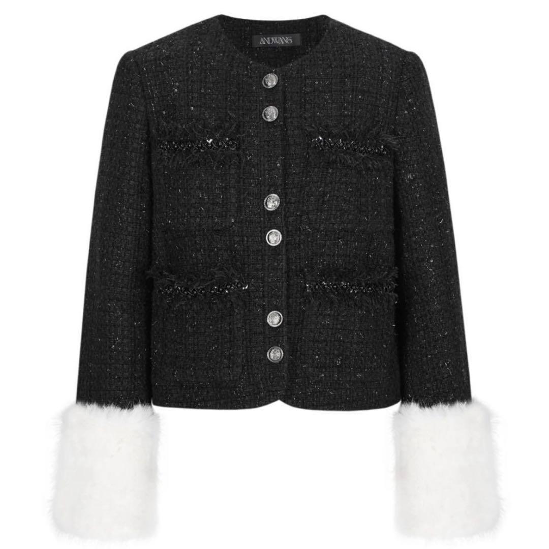 ジャケット・アウター andwang Tweed arm fur jacket
