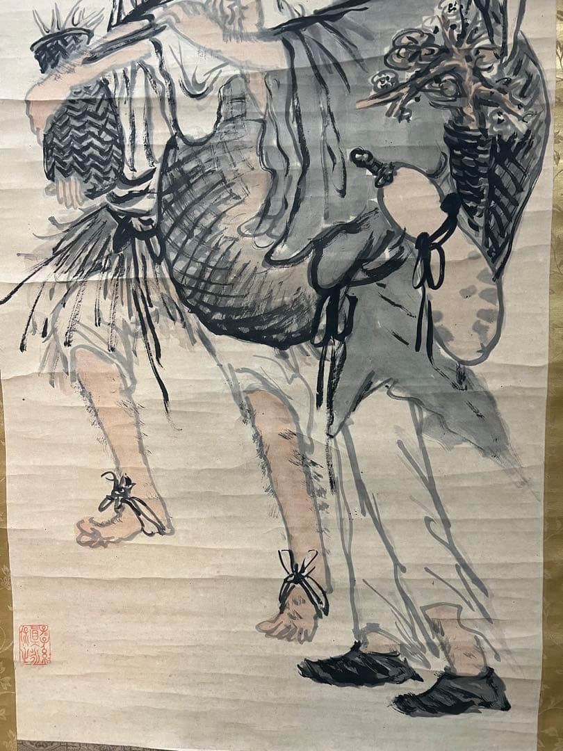 掛け軸　富岡百練［樵父問答之図］紙本　木箱付き！