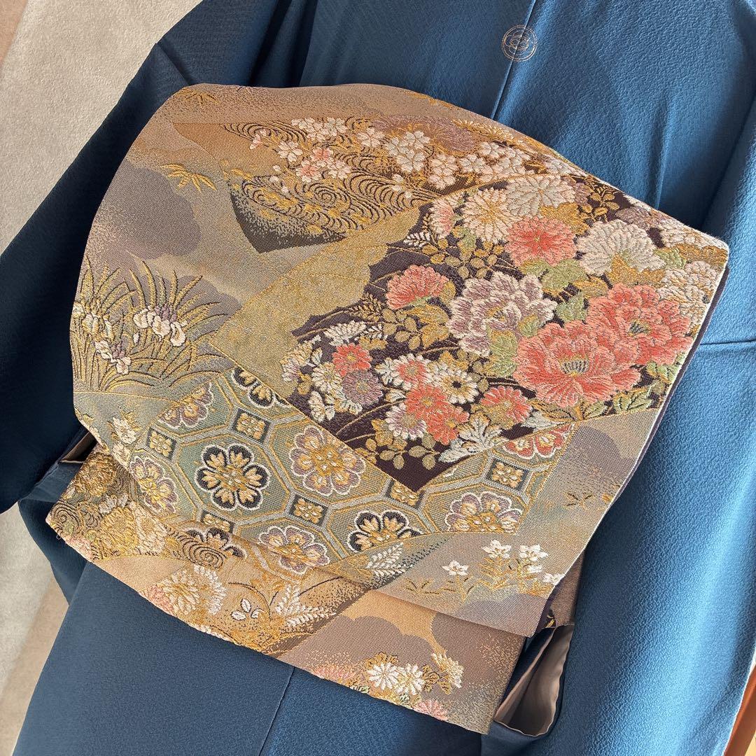 色無地　フルセット　着物　正絹　一つ紋　ブルー系　J9