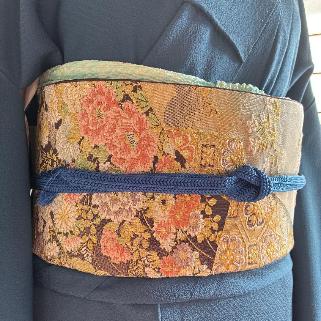 色無地　フルセット　着物　正絹　一つ紋　ブルー系　J9