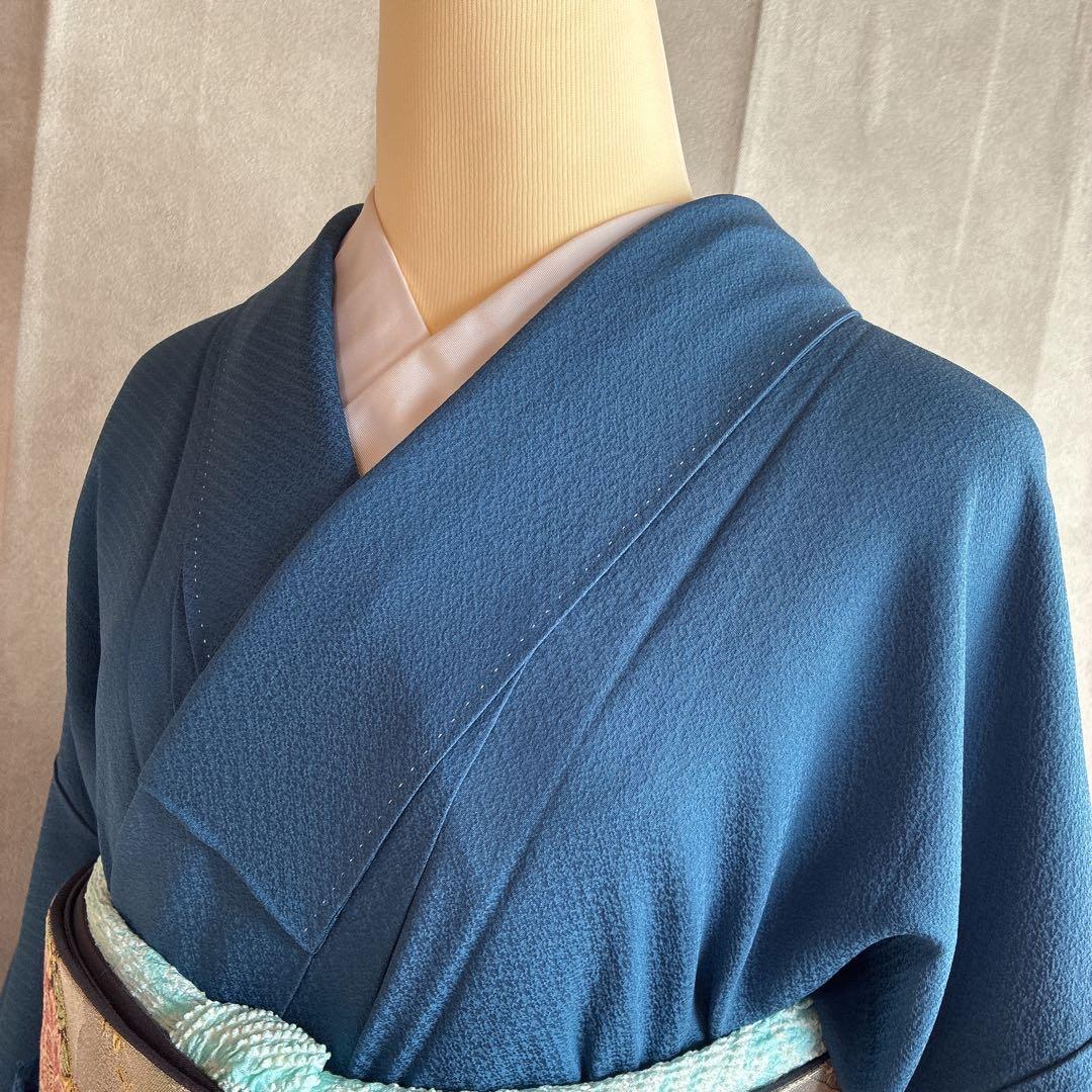色無地　フルセット　着物　正絹　一つ紋　ブルー系　J9