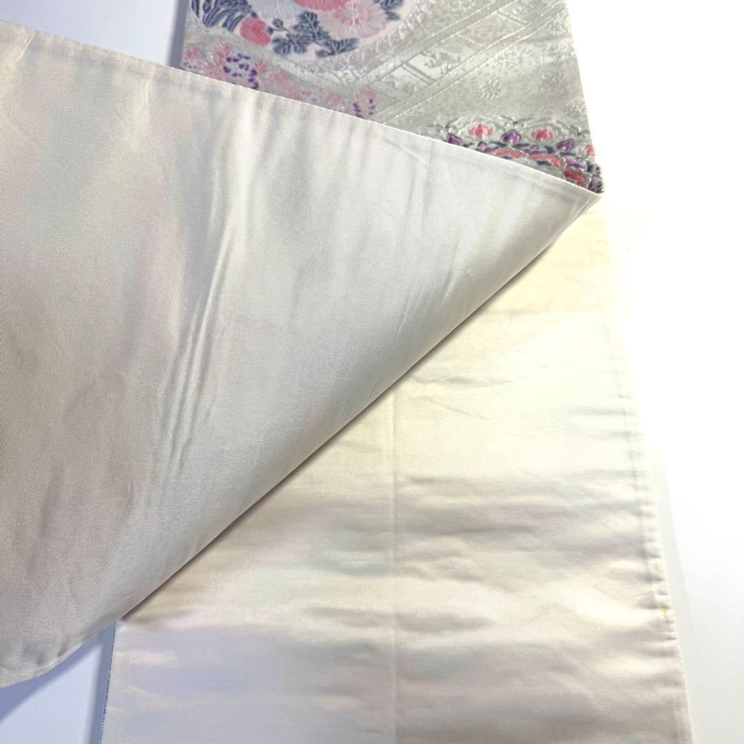 5k2780 袋帯　絹　唐織　プラチナ箔　正倉院文様　華文　銀色　白　ピンク　紫