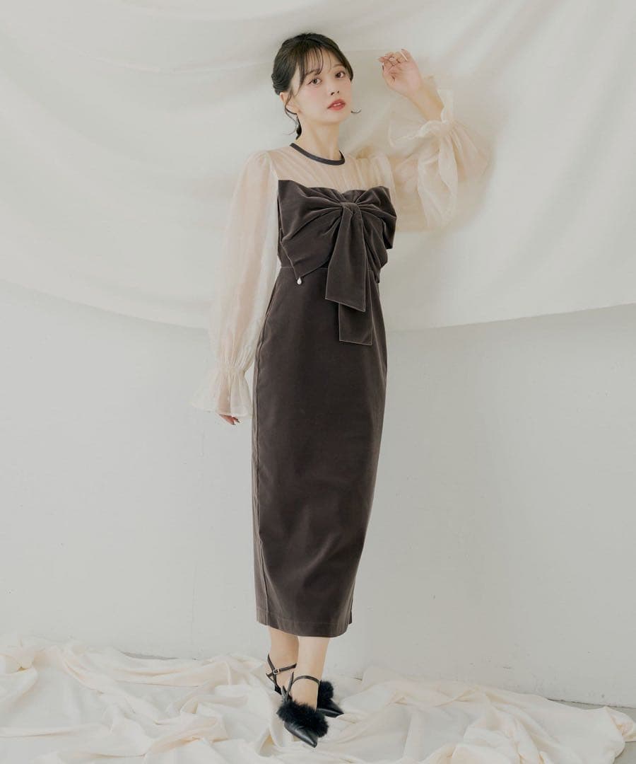 CHICO オケージョン 配色シアーリボンベロアワンピース チャコールグレー