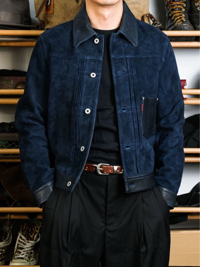 インディゴブルー 1.4mm厚 ゴートレザー 頭層スエード Type3 M