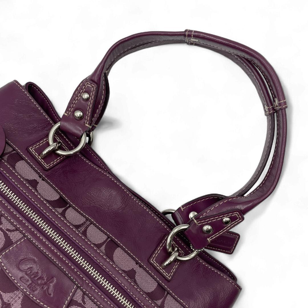 美品 COACH トートバッグ キャンバス レザー パープル シグネチャー