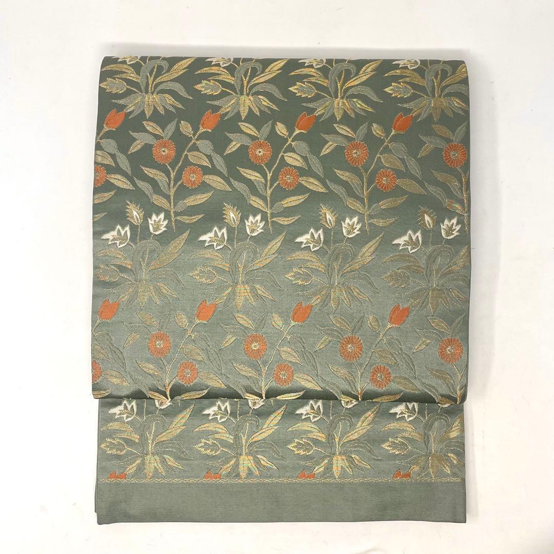 ［ 名古屋帯/ ］正絹　灰みの黄緑　草花　金糸　着物　江戸小紋　色無地　付け下げ