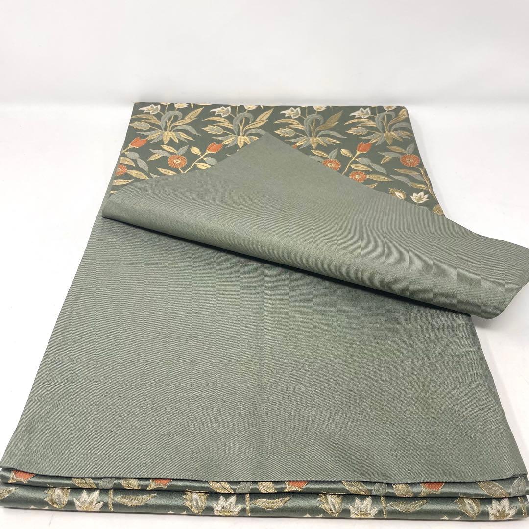 ［ 名古屋帯/ ］正絹　灰みの黄緑　草花　金糸　着物　江戸小紋　色無地　付け下げ