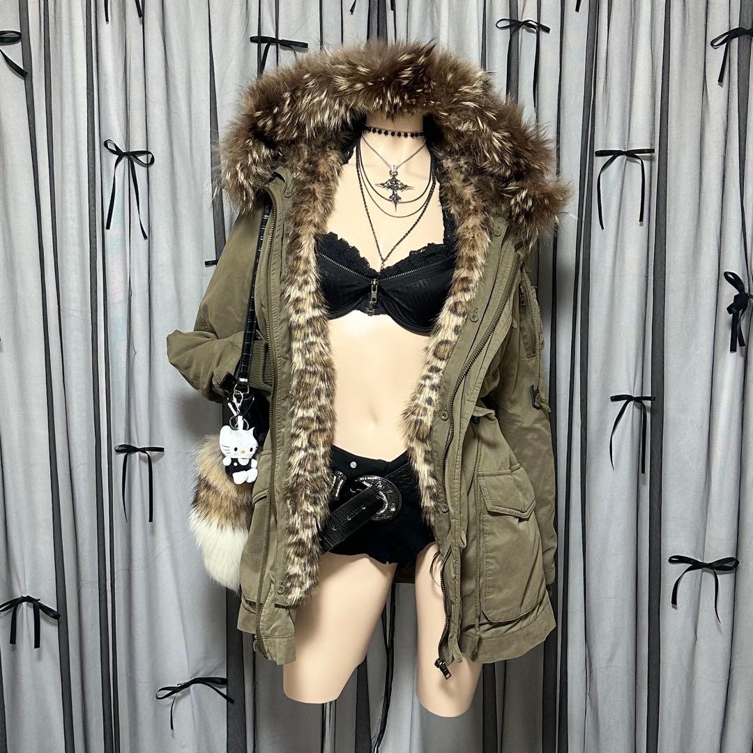 平成ギャル y2k　ヒョウ柄　リアルファー付きミニタリーモッズコート　グランジ