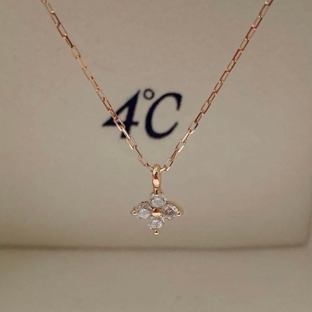 4℃ K10 キュービックジルコニア ネックレス ピンクゴールド フラワー