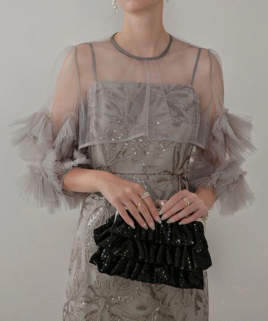 Leja フラワースパンコールチュールフリルスリーブIラインワンピースドレス S