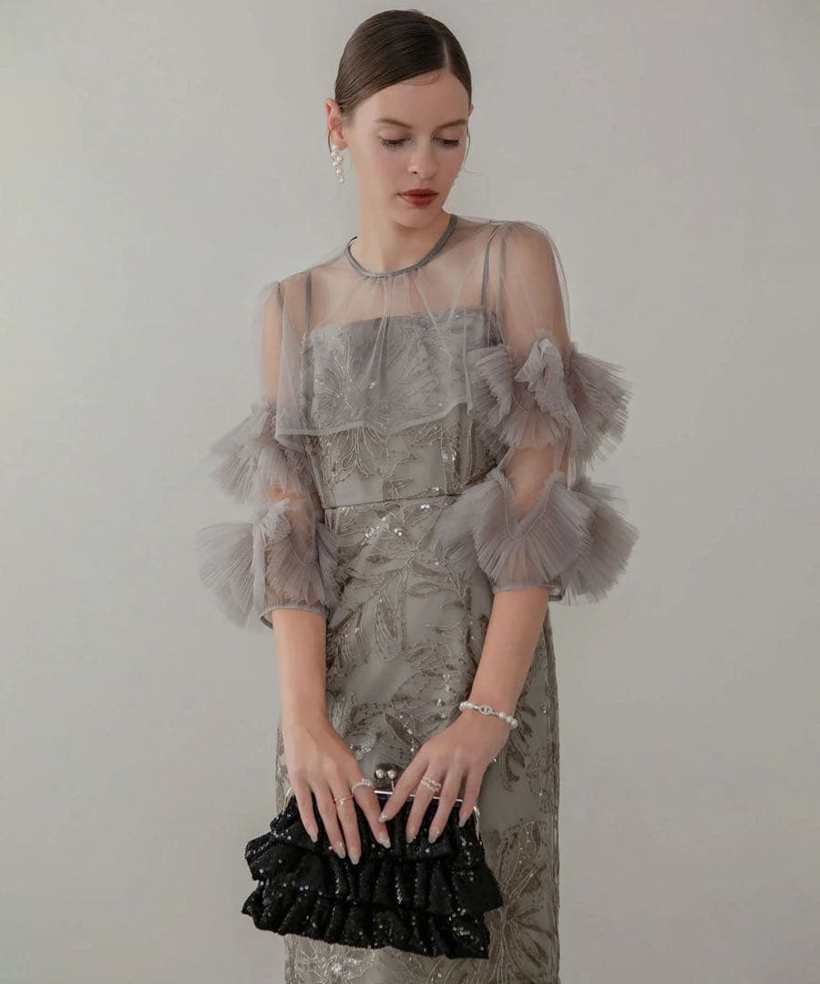 Leja フラワースパンコールチュールフリルスリーブIラインワンピースドレス S