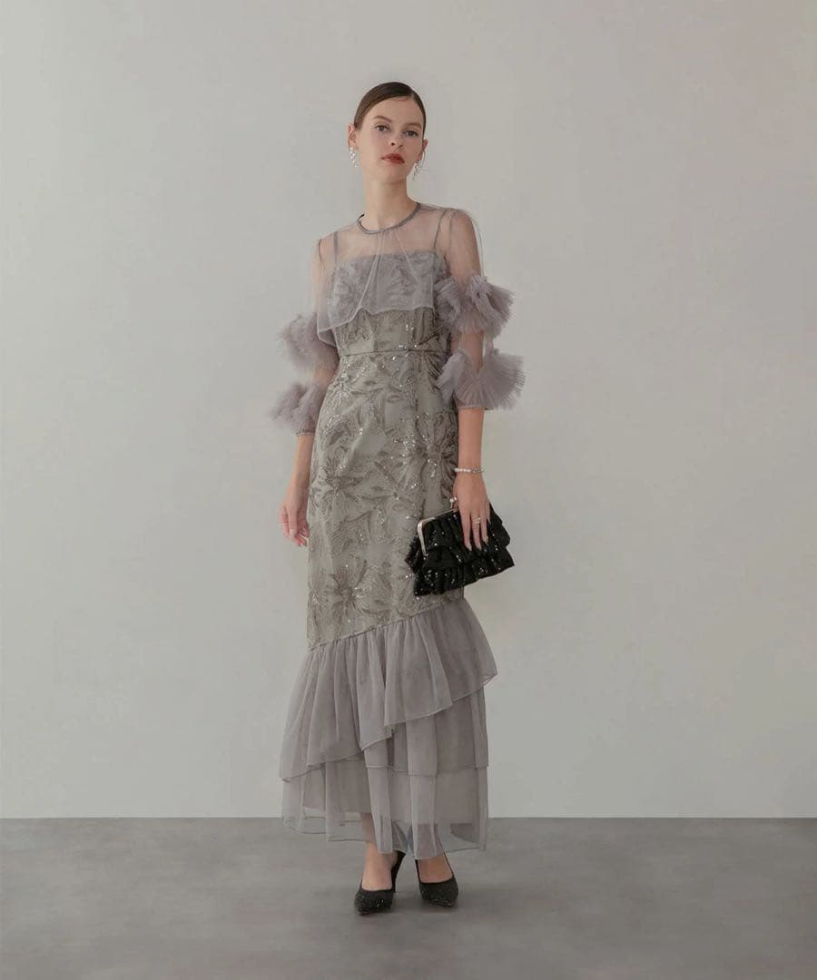 Leja フラワースパンコールチュールフリルスリーブIラインワンピースドレス S