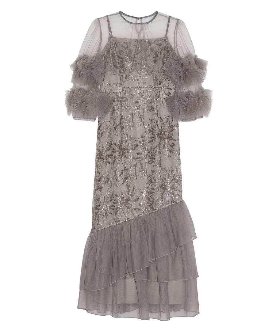 Leja フラワースパンコールチュールフリルスリーブIラインワンピースドレス S