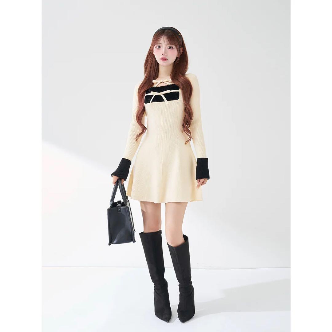 新品タグ付 ダーリッチ リボンファーフレアニットミニワンピース アイボリー FL