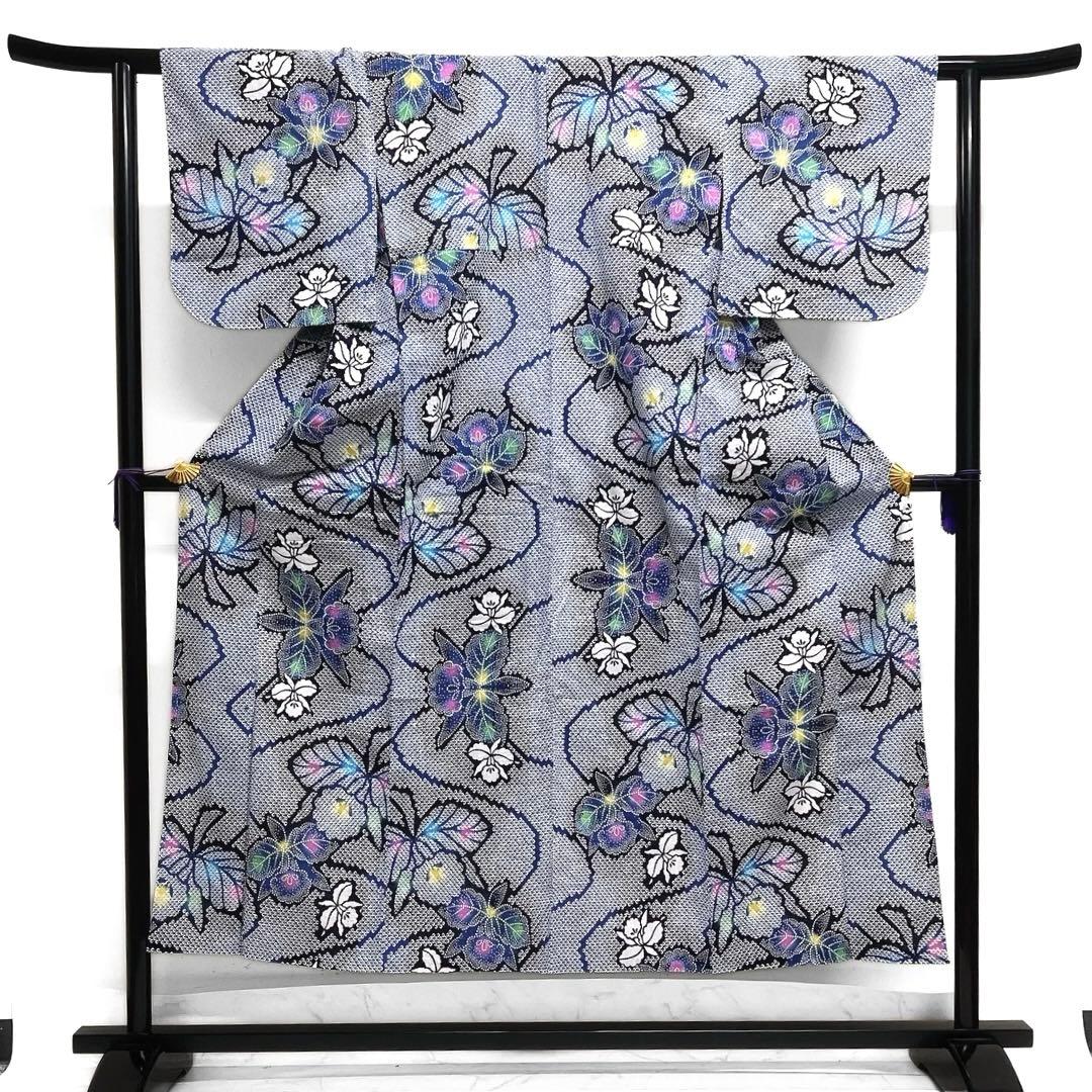 浴衣　花模様　ぼかし染め　流水　鹿の子　総絞り風　着物　074a d