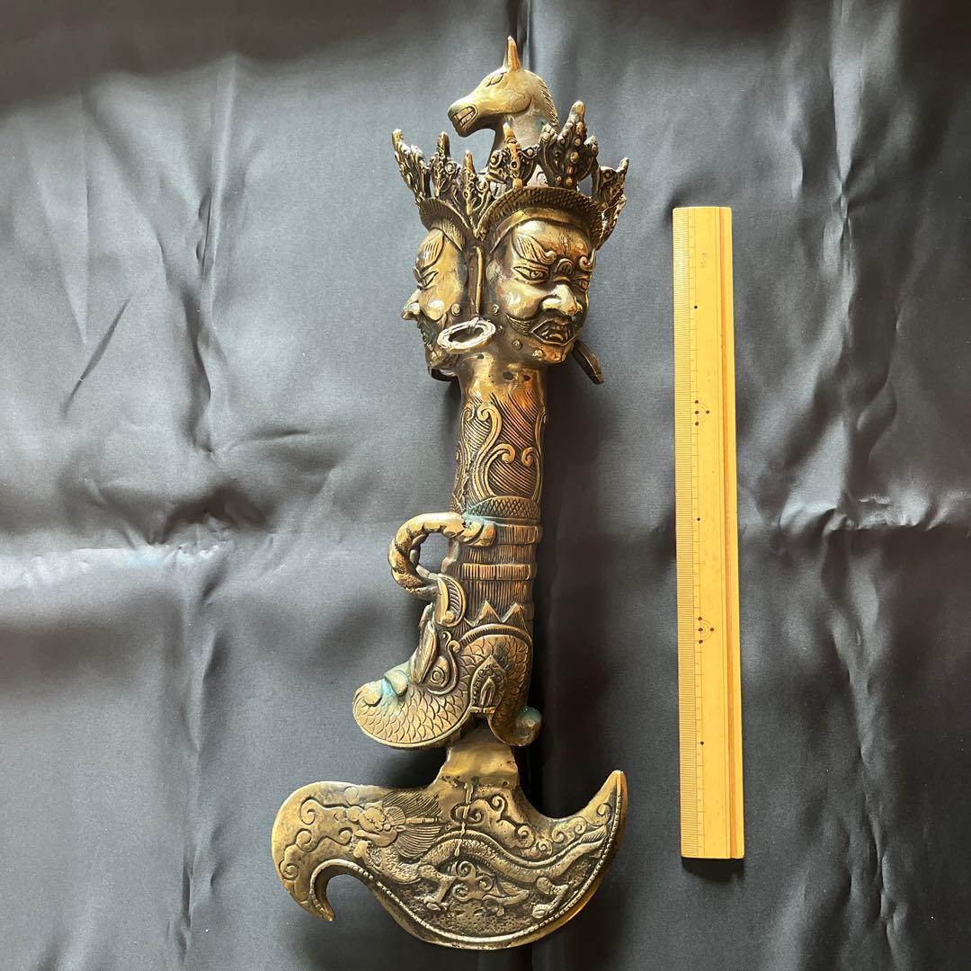 特大サイズ チベット密教法具 三面憤怒尊 カルタリ鉞斧曲刀 金剛