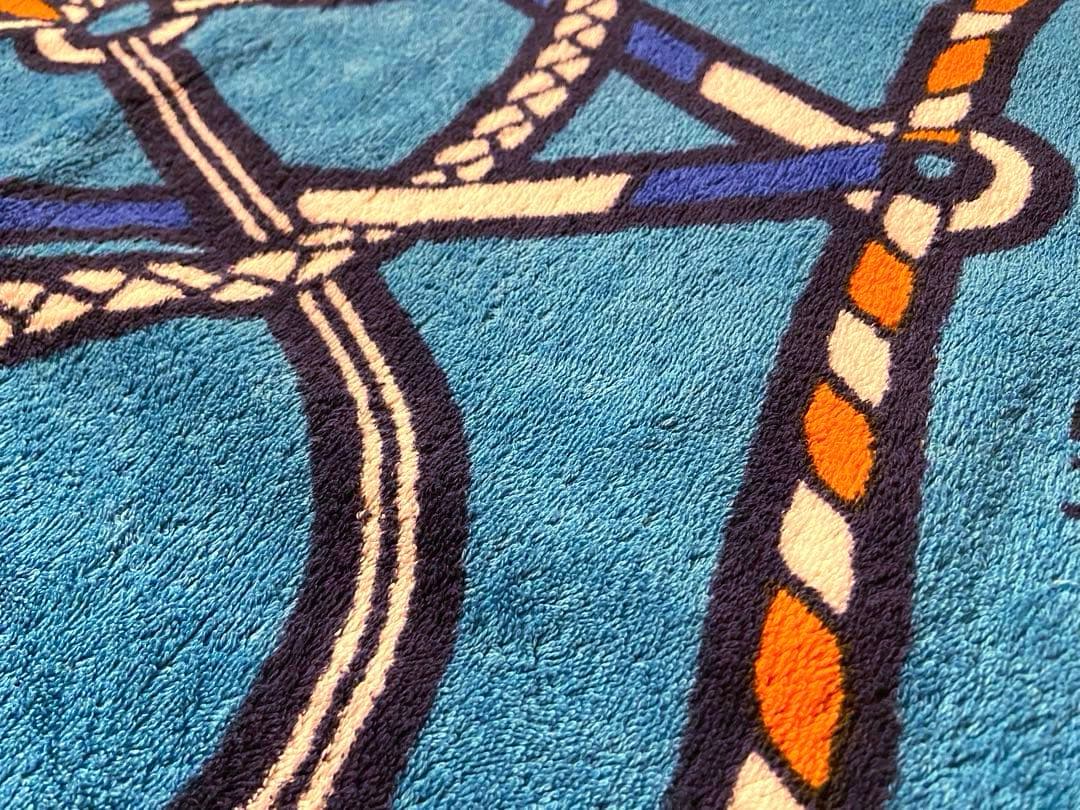 美品 エルメス ビーチタオル ラグ 玄関マット ロープ柄　海 夏 マリンブルー