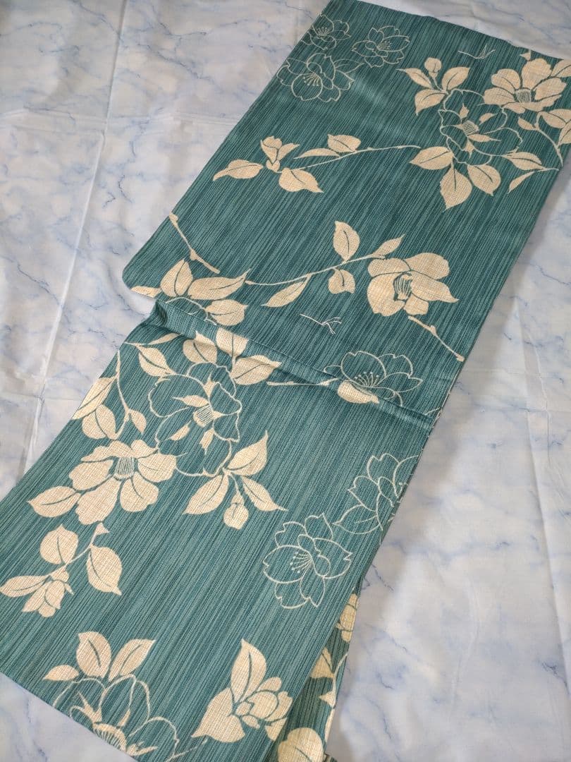 ✿新品未使用　綿麻浴衣　ターコイズブルー　大人浴衣　夏着物　碧色　兵児帯セット