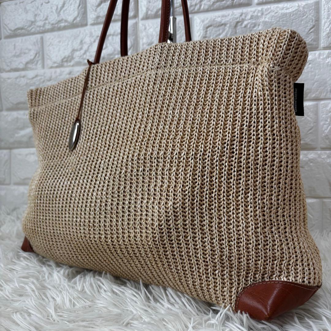 FURLA✨カゴバッグ　トートバッグ　 A4 PC 異素材　ベージュ　本革　麻