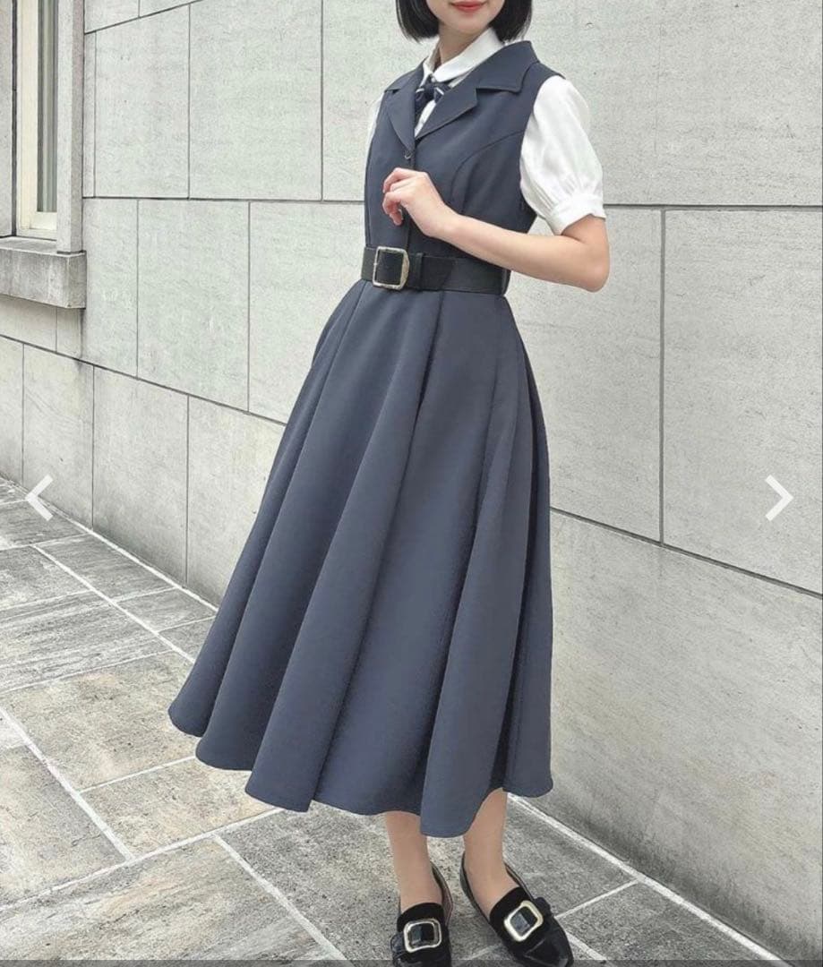 F.i.n.t ベルト付きウールライク開衿ジレワンピース